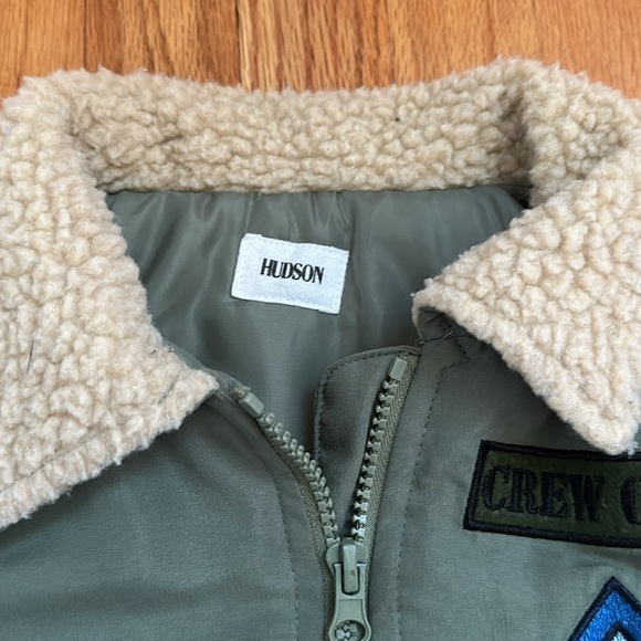 HUDSON Jeans 3t Army Green Aviation Bomber Jacket - Patches Sherpa Collar - Picture 3 of 7